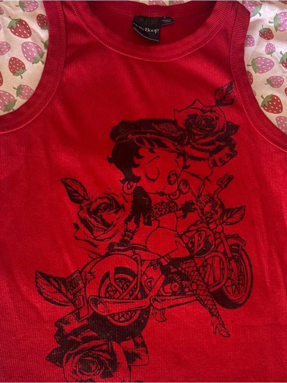 Betty Boop Red Tank Top with Black Graphic Roses & Motorcycle